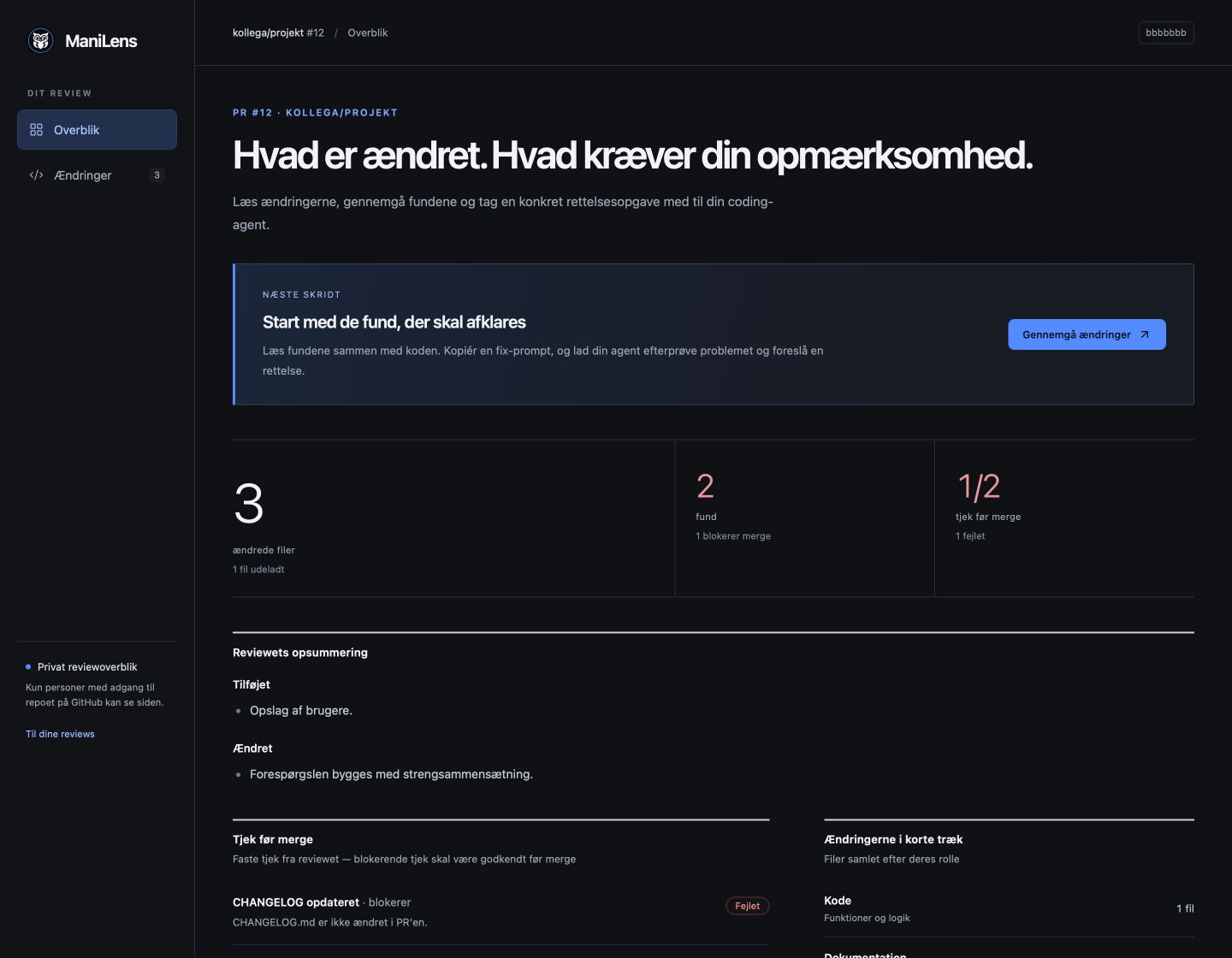 The review overview in ManiLens: changed files, findings, checks before merge and a summary of the PR